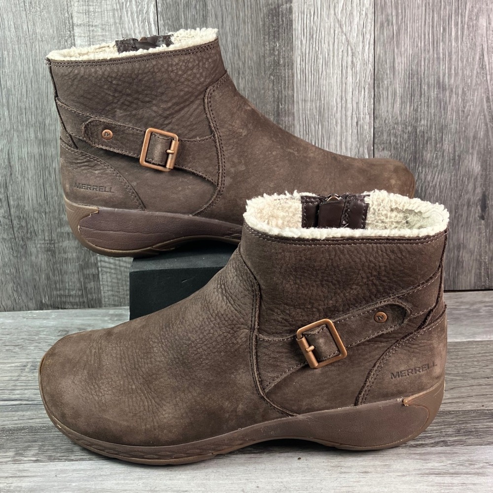 Merrell Womens Brown Leather Faux Shearling Lined Ankle Boots J94916 Size 8.5